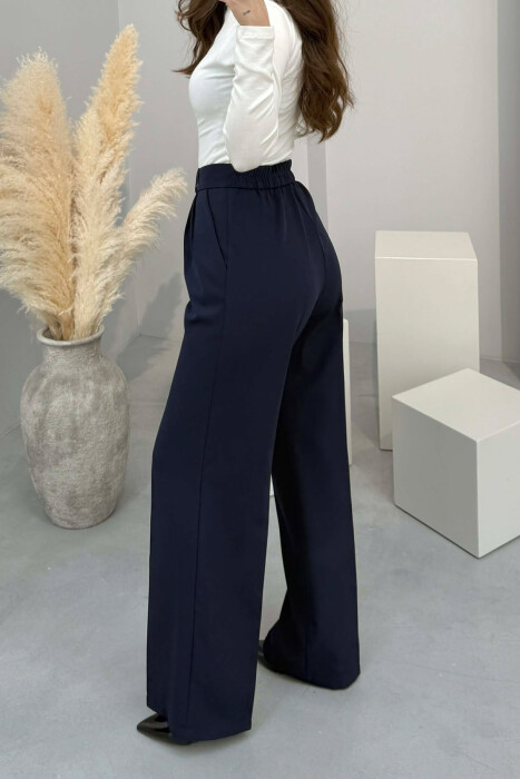 ONE COLOR SEMI ELASTIC WAIST WOMEN TROUSERS MIDNIGHT BLUE/BLU MESNATE - 4
