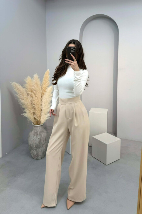 ONE COLOR SEMI ELASTIC WIDE LEG WOMAN TROUSERS BEIGE/BEZHE - KLAUDIO FASHION