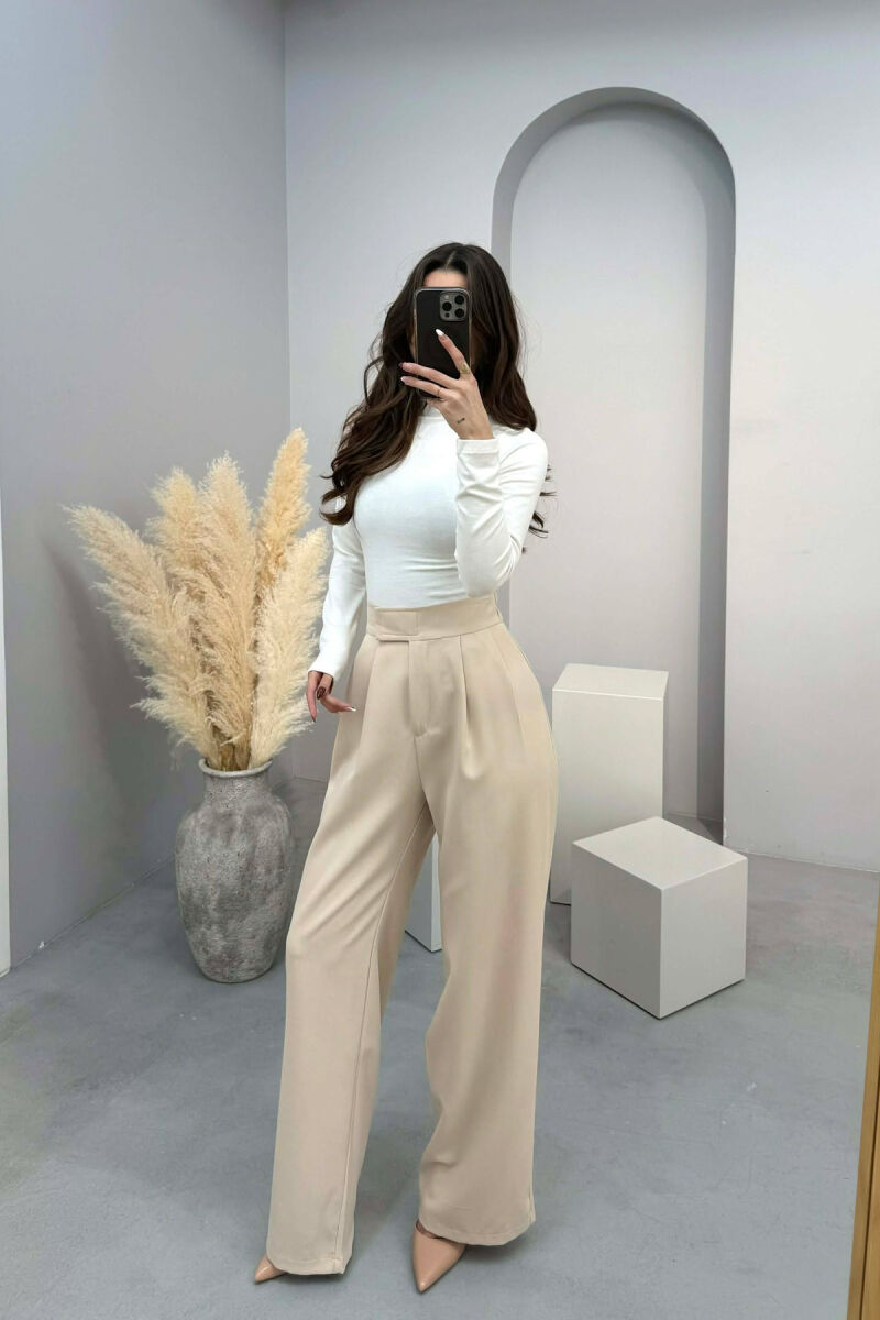 ONE COLOR SEMI ELASTIC WIDE LEG WOMAN TROUSERS BEIGE/BEZHE - 1