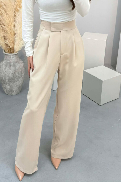 ONE COLOR SEMI ELASTIC WIDE LEG WOMAN TROUSERS BEIGE/BEZHE - 4