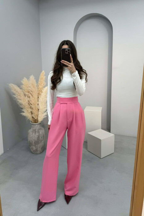 ONE COLOR SEMI ELASTIC WIDE LEG WOMAN TROUSERS PINK/ROZE 