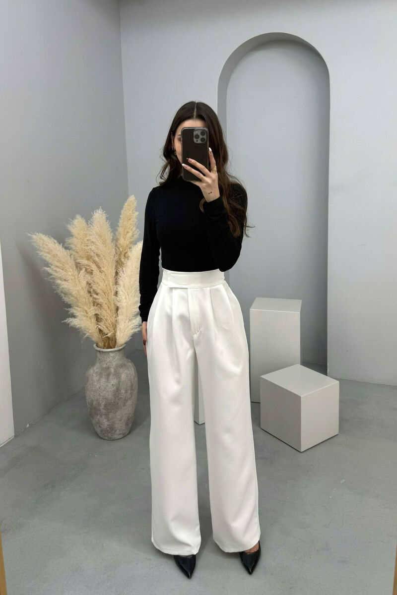 ONE COLOR SEMI ELASTIC WIDE LEG WOMAN TROUSERS WHITE-E BARDHE - 1