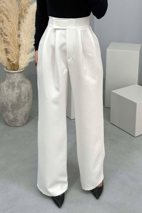 ONE COLOR SEMI ELASTIC WIDE LEG WOMAN TROUSERS WHITE-E BARDHE - 2
