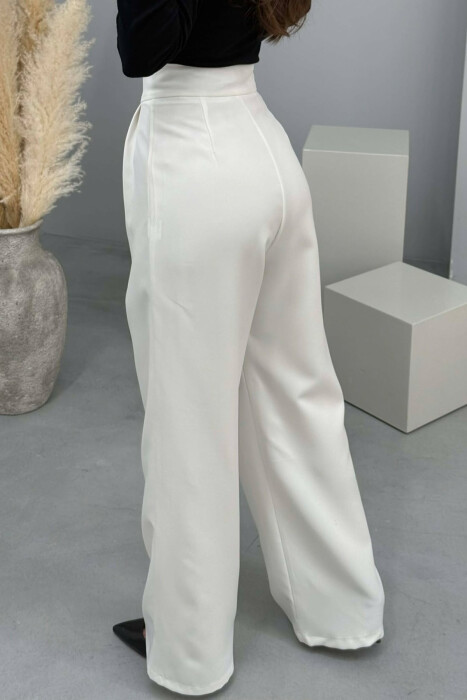 ONE COLOR SEMI ELASTIC WIDE LEG WOMAN TROUSERS WHITE-E BARDHE - 3