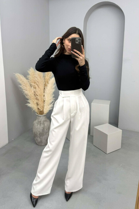 ONE COLOR SEMI ELASTIC WIDE LEG WOMAN TROUSERS WHITE-E BARDHE - 4
