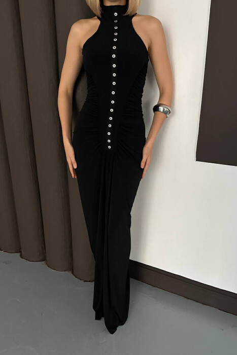 ONE COLOR SEMI NECK BUTTONED LONG WOMAN DRESS BLACK/ E ZEZE - 3
