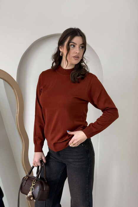 ONE COLOR SEMI NECK WOMEN SWEATER BRICK/TULLE 