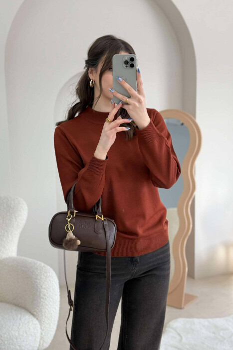 ONE COLOR SEMI NECK WOMEN SWEATER BRICK/TULLE - 6