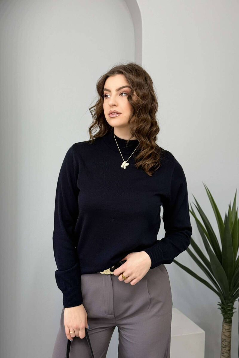 ONE COLOR SEMI NECK WOMEN SWEATER DARK BLUE/BEE - 1