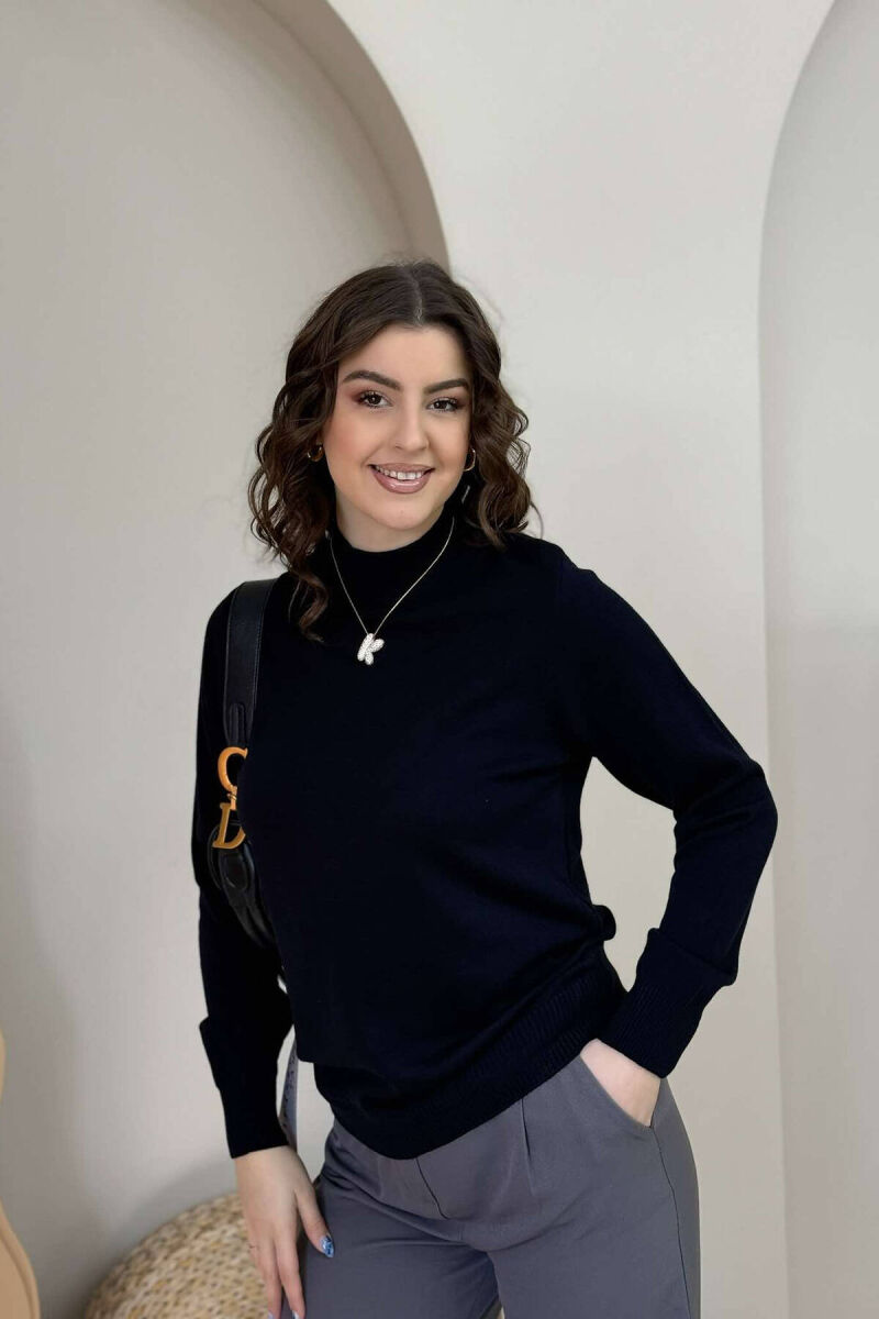 ONE COLOR SEMI NECK WOMEN SWEATER DARK BLUE/BEE - 3