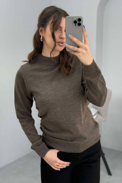 ONE COLOR SEMI NECK WOMEN SWEATER LIGHT BROWN/KAZB - 6