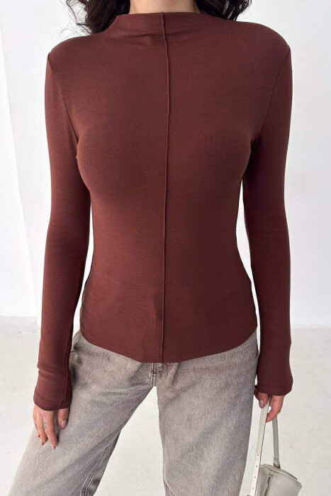 ONE COLOR SEMI NECK WOMAN SWEATSHIRT BROWN/KAFE - 3