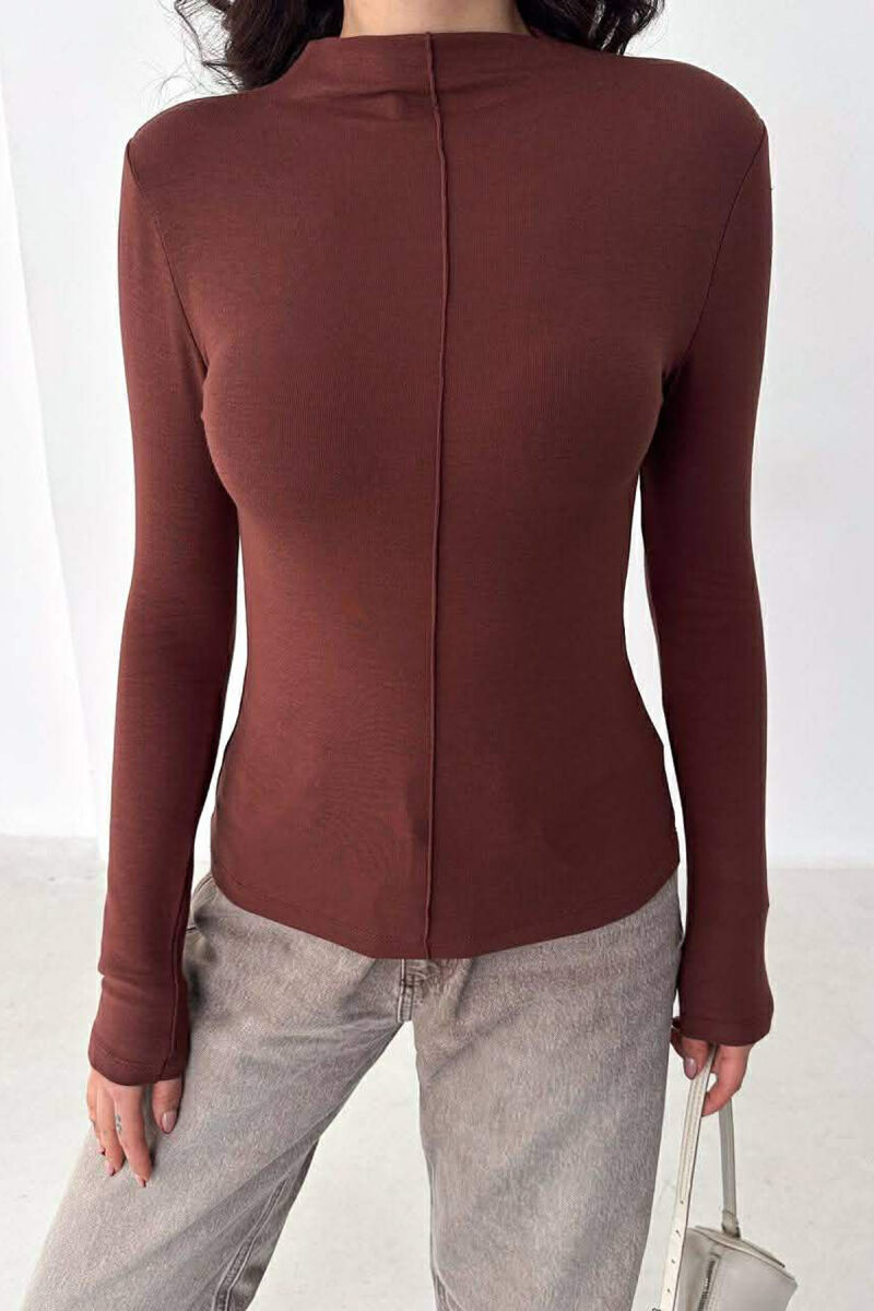 ONE COLOR SEMI NECK WOMAN SWEATSHIRT BROWN/KAFE - 3