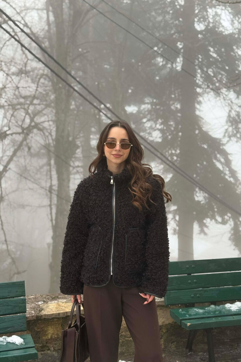 ONE COLOR SHEEP SKIN ZIPPER TWO FRONT POCKETS WOMAN COAT BLACK/ E ZEZE - 1