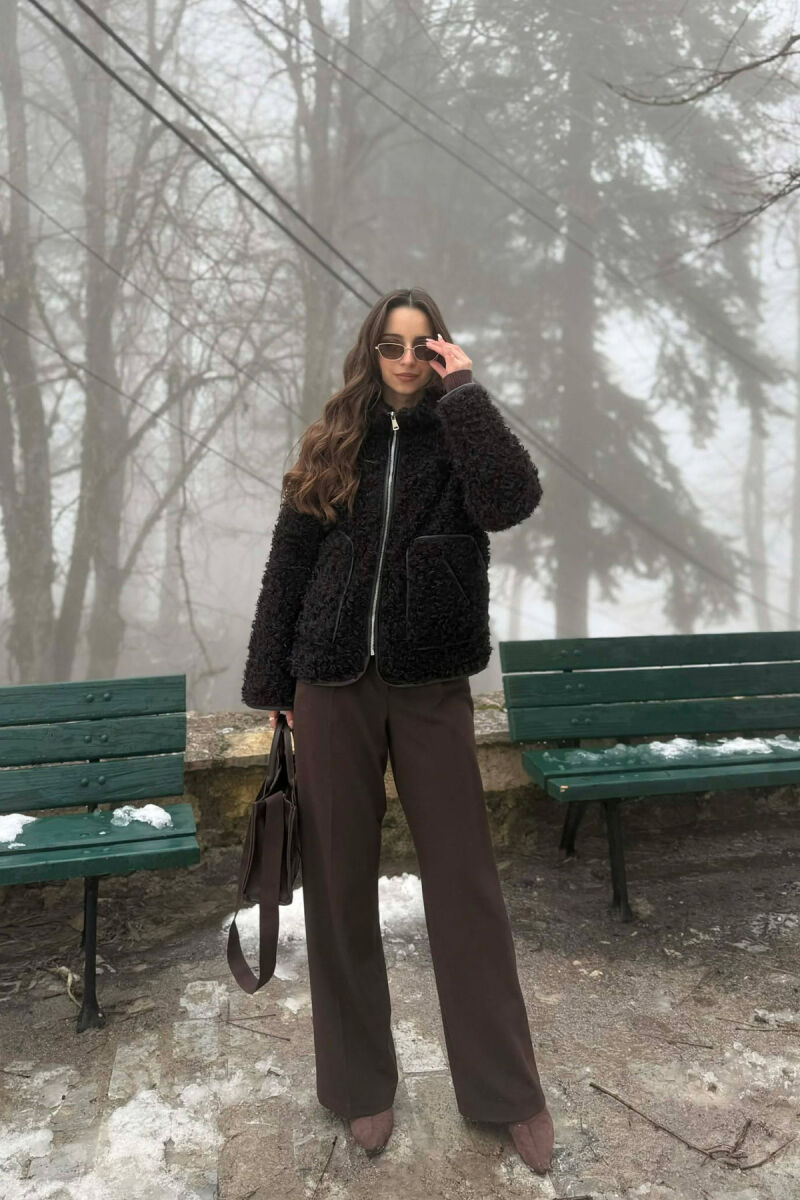 ONE COLOR SHEEP SKIN ZIPPER TWO FRONT POCKETS WOMAN COAT BLACK/ E ZEZE - 3