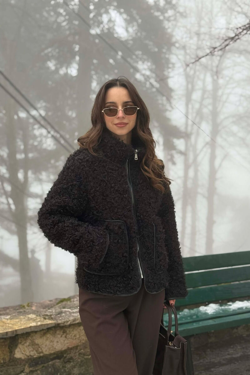 ONE COLOR SHEEP SKIN ZIPPER TWO FRONT POCKETS WOMAN COAT BLACK/ E ZEZE - 4