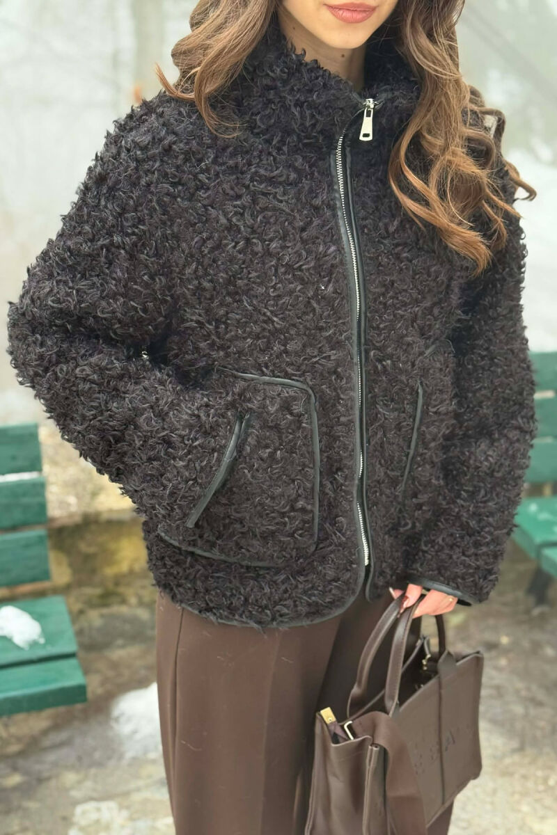 ONE COLOR SHEEP SKIN ZIPPER TWO FRONT POCKETS WOMAN COAT BLACK/ E ZEZE - 5