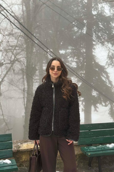 ONE COLOR SHEEP SKIN ZIPPER TWO FRONT POCKETS WOMAN COAT BLACK/ E ZEZE 