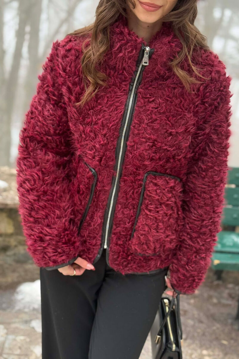 ONE COLOR SHEEP SKIN ZIPPER TWO FRONT POCKETS WOMAN COAT BURGUNDY/VISHNJE - 2