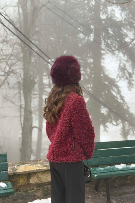 ONE COLOR SHEEP SKIN ZIPPER TWO FRONT POCKETS WOMAN COAT BURGUNDY/VISHNJE - 3