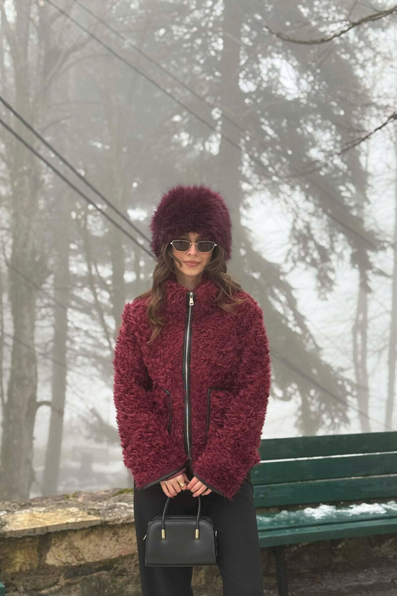 ONE COLOR SHEEP SKIN ZIPPER TWO FRONT POCKETS WOMAN COAT BURGUNDY/VISHNJE - 5