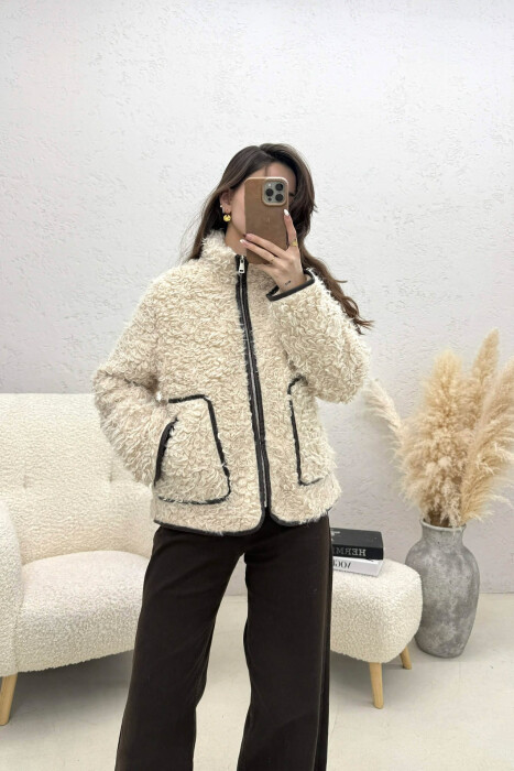 ONE COLOR SHEEP SKIN ZIPPER TWO FRONT POCKETS WOMAN COAT CREAM/KREM 