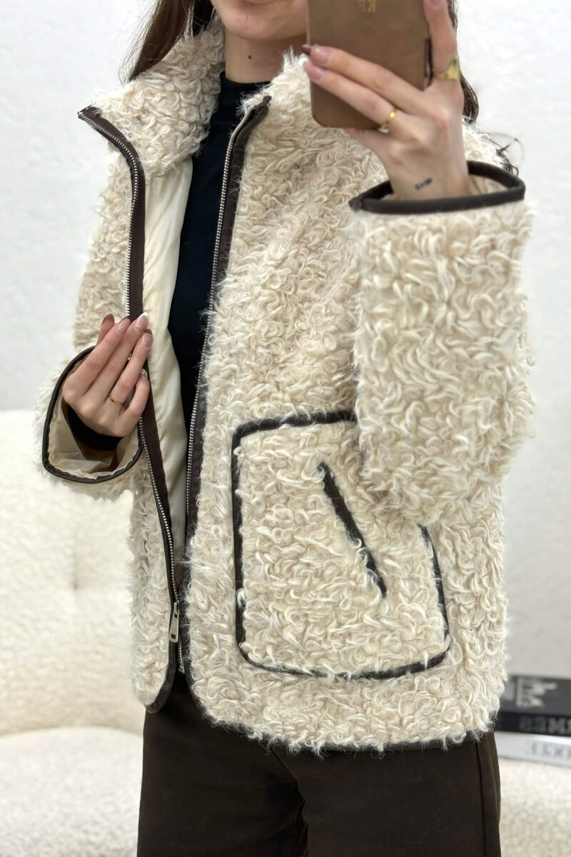ONE COLOR SHEEP SKIN ZIPPER TWO FRONT POCKETS WOMAN COAT CREAM/KREM - 4