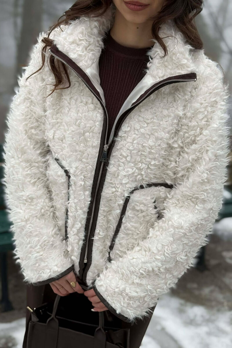 ONE COLOR SHEEP SKIN ZIPPER TWO FRONT POCKETS WOMAN COAT WHITE-E BARDHE - 2