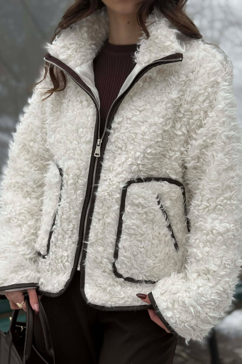 ONE COLOR SHEEP SKIN ZIPPER TWO FRONT POCKETS WOMAN COAT WHITE-E BARDHE - 4