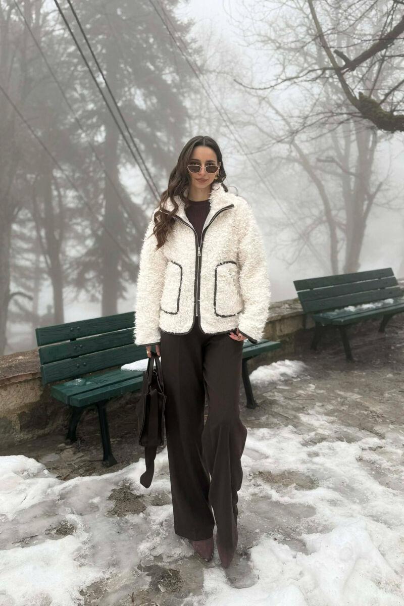 ONE COLOR SHEEP SKIN ZIPPER TWO FRONT POCKETS WOMAN COAT WHITE-E BARDHE - 6