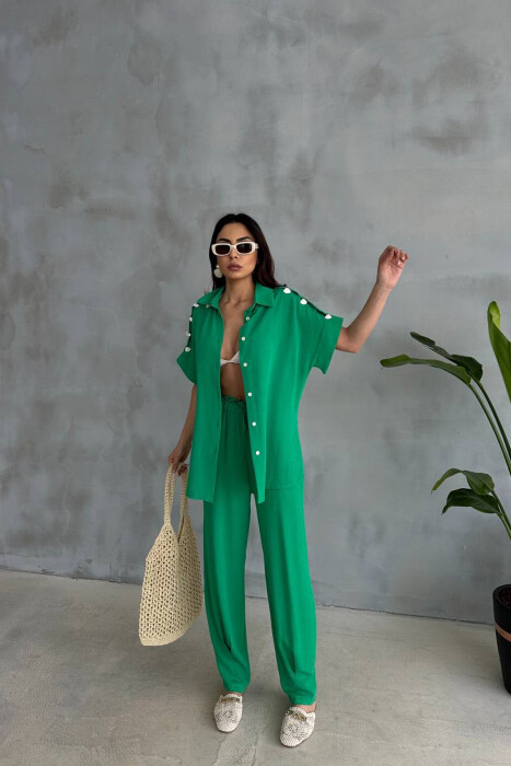 ONE COLOR SHELL DETAILS VEST + TROUSERS WOMAN SET GREEN/JESHILE - 3