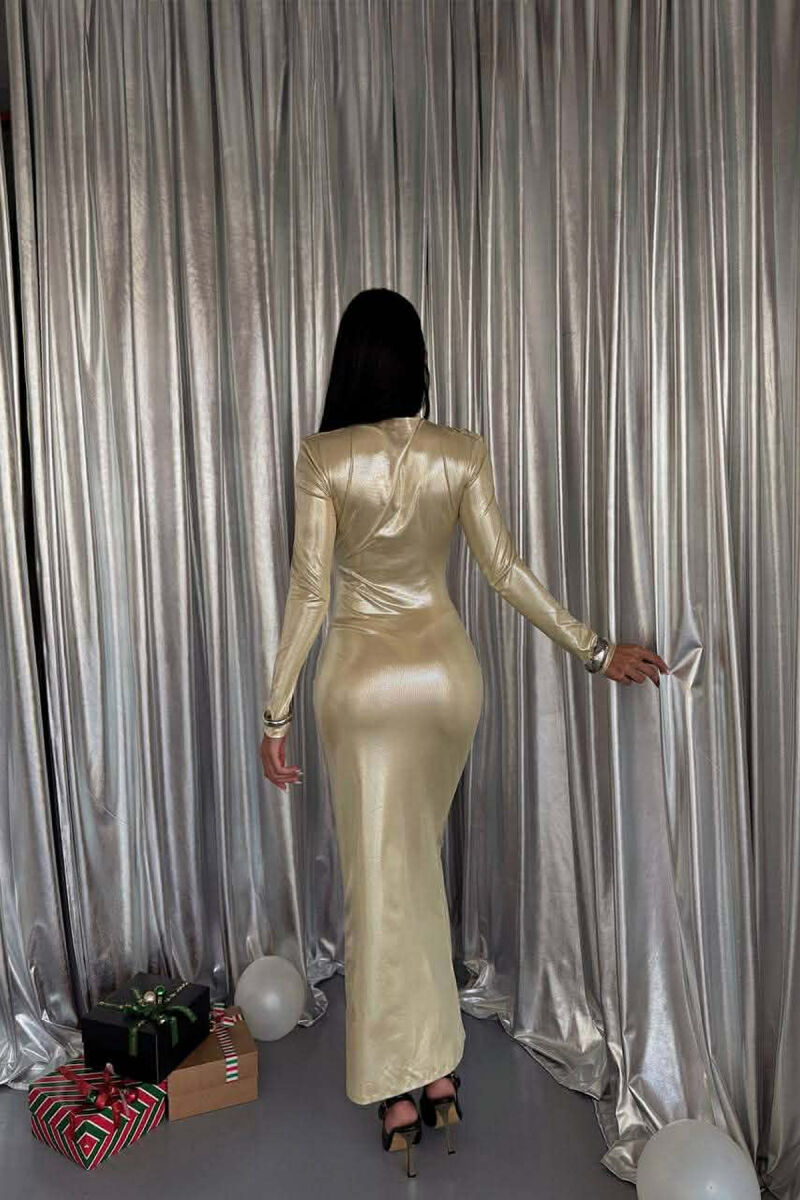 ONE COLOR SHINY LONG SLEEVE WOMAN DRESS GOLDEN ROD/GOLD - 4
