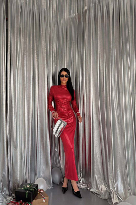 ONE COLOR SHINY LONG SLEEVE WOMAN DRESS RED/E KUQE - 1