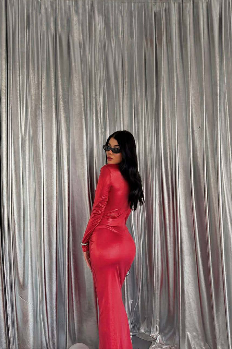 ONE COLOR SHINY LONG SLEEVE WOMAN DRESS RED/E KUQE - 3