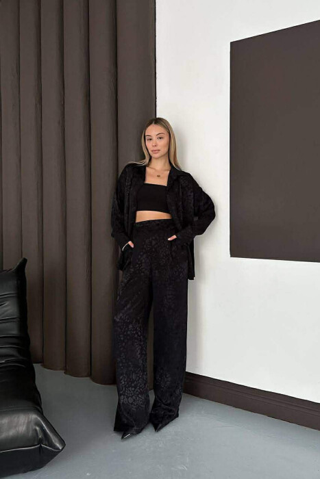 ONE COLOR SHINY SHIRT + TROUSERS WOMAN SET BLACK/ E ZEZE 