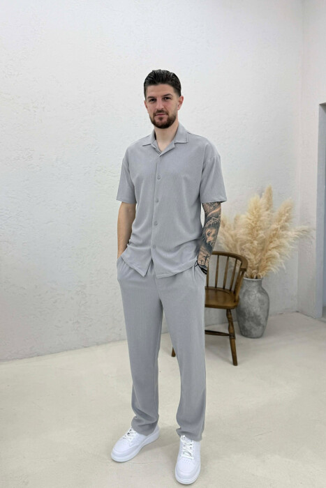 ONE COLOR SHIRT + TROUSERS SWEATSUIT SETS GREY/GRI - KLAUDIO FASHION