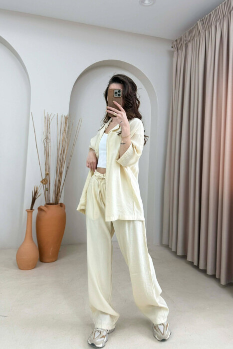 ONE COLOR SHORT SLEEVE SHIRT + TROUSERS WOMAN SET CREAM/KREM 