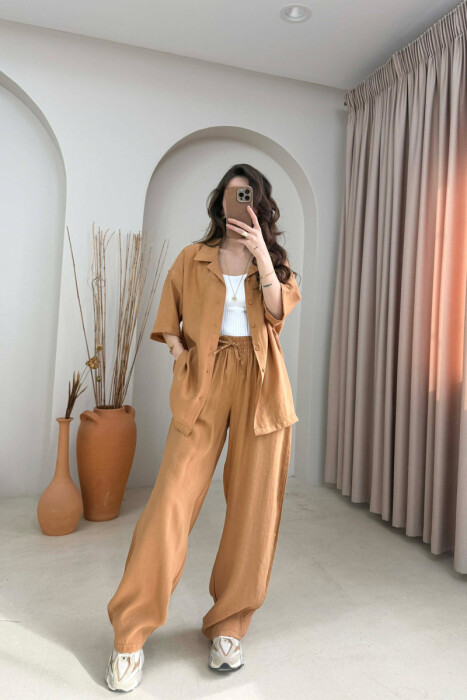 ONE COLOR SHORT SLEEVE SHIRT + TROUSERS WOMAN SET LIGHT BROWN/KAZB 