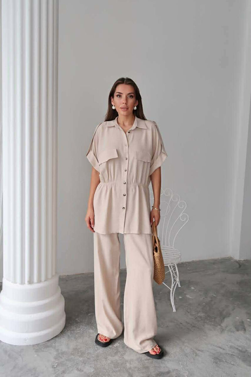 ONE COLOR SHORT SLEEVE SHIRT+TROUSERS WOMEN SET BEIGE/BEZHE - 1