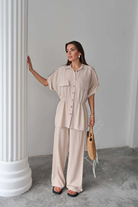 ONE COLOR SHORT SLEEVE SHIRT+TROUSERS WOMEN SET BEIGE/BEZHE - 2