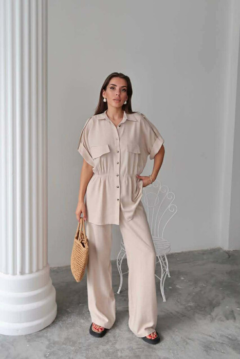 ONE COLOR SHORT SLEEVE SHIRT+TROUSERS WOMEN SET BEIGE/BEZHE - 3