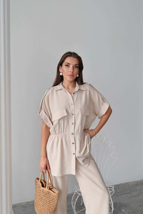 ONE COLOR SHORT SLEEVE SHIRT+TROUSERS WOMEN SET BEIGE/BEZHE - 4
