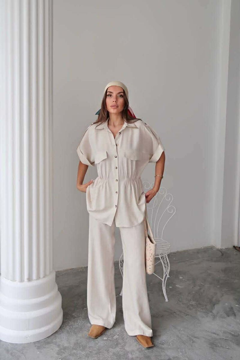 ONE COLOR SHORT SLEEVE SHIRT+TROUSERS WOMEN SET CREAM/KREM - 3