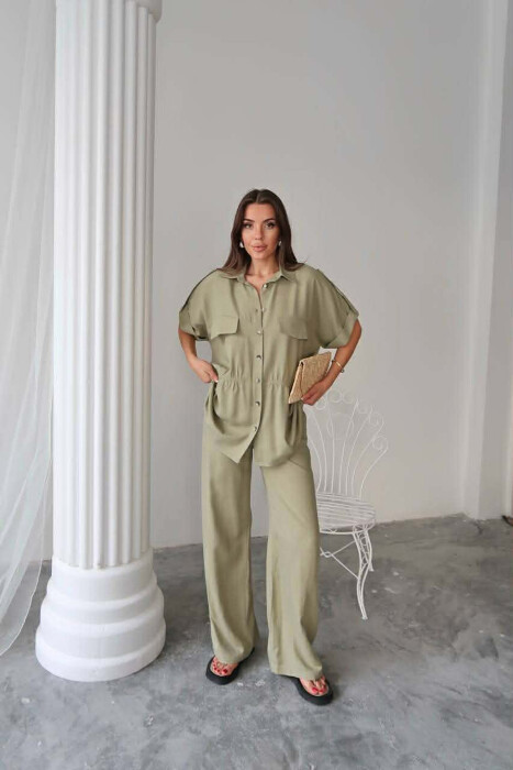 ONE COLOR SHORT SLEEVE SHIRT+TROUSERS WOMEN SET OLIVE/ULLI 