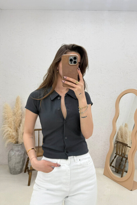 ONE COLOR SHORT SLEEVE WOMAN SHIRT DARK GREY/GEE 