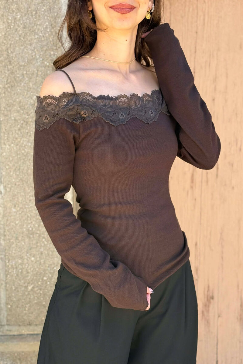 ONE COLOR SHOULDER OFF WOMAN SWEATSHIRT BROWN/KAFE - 2