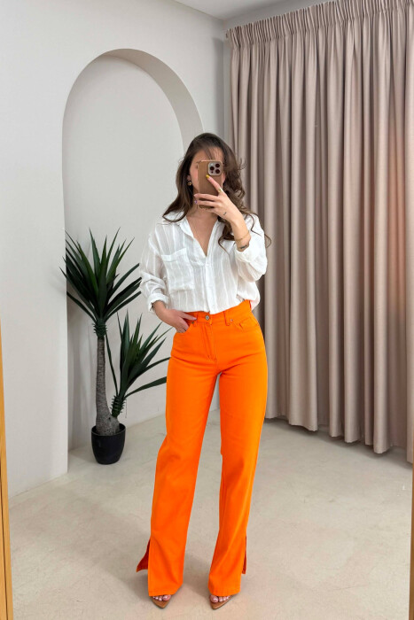 ONE COLOR SIDE CUTTED WOMAN JEANS ORANGE/PORTOKALLI - KLAUDIO FASHION