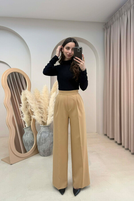 ONE COLOR SIDE ZIPPER WIDE LEG WOMAN TROUSERS BEIGE/BEZHE - 1