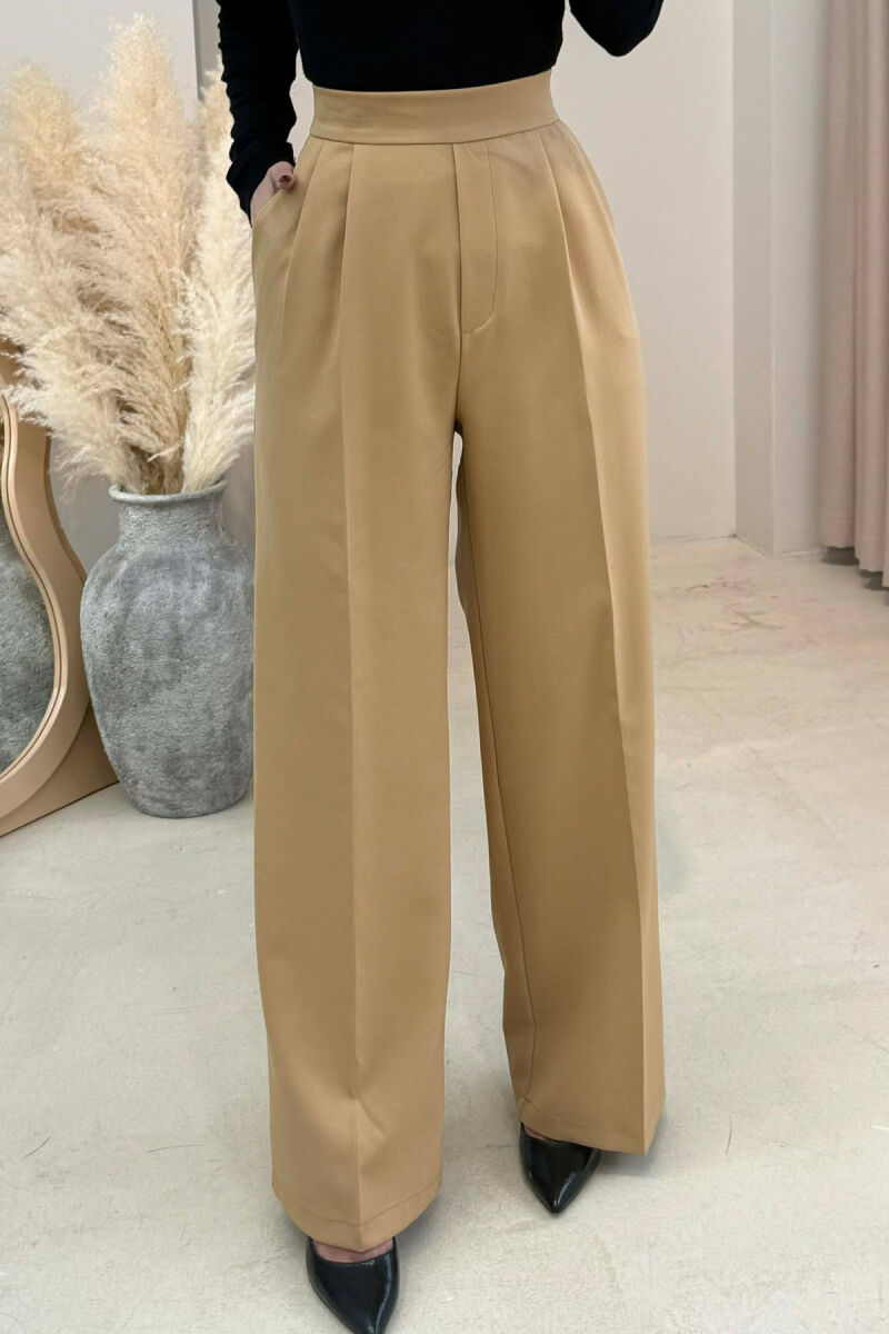 ONE COLOR SIDE ZIPPER WIDE LEG WOMAN TROUSERS BEIGE/BEZHE - 2