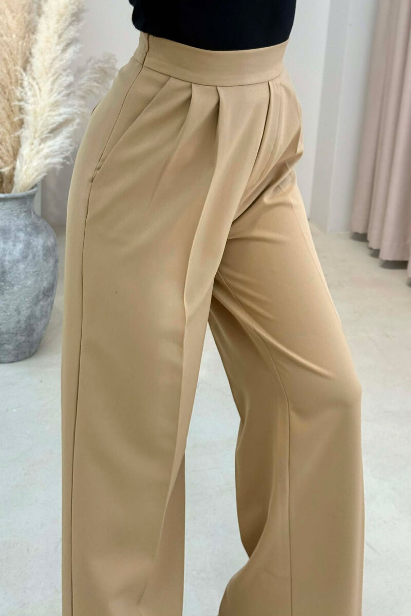 ONE COLOR SIDE ZIPPER WIDE LEG WOMAN TROUSERS BEIGE/BEZHE - 3